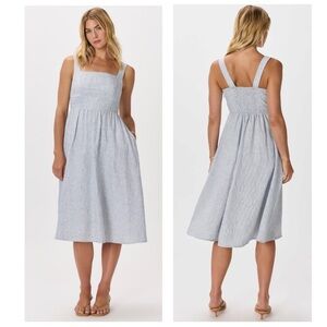 Quince European Linen Fit & Flare Square Neck Midi Dress Blue Pinstripe XL NEW